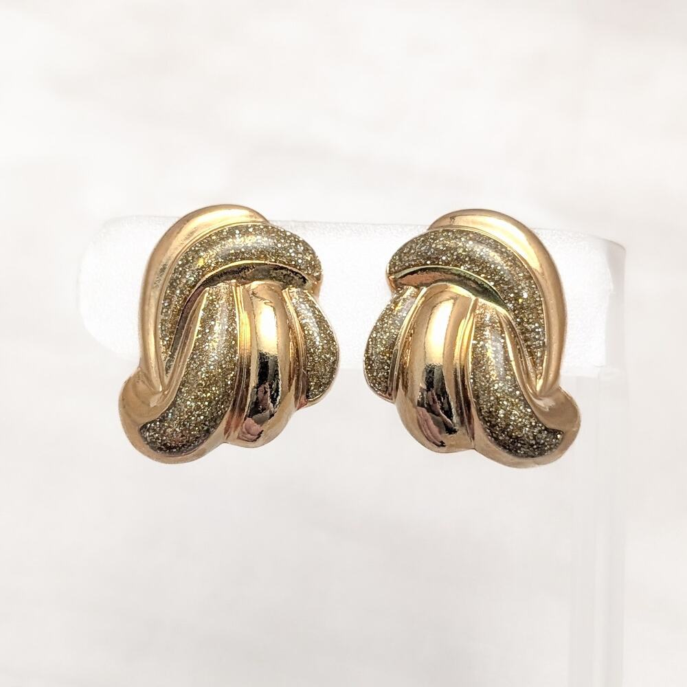 Vintage Clip On Earrings Statement Gold Tone with Gold Tone Glitter Large Chunky